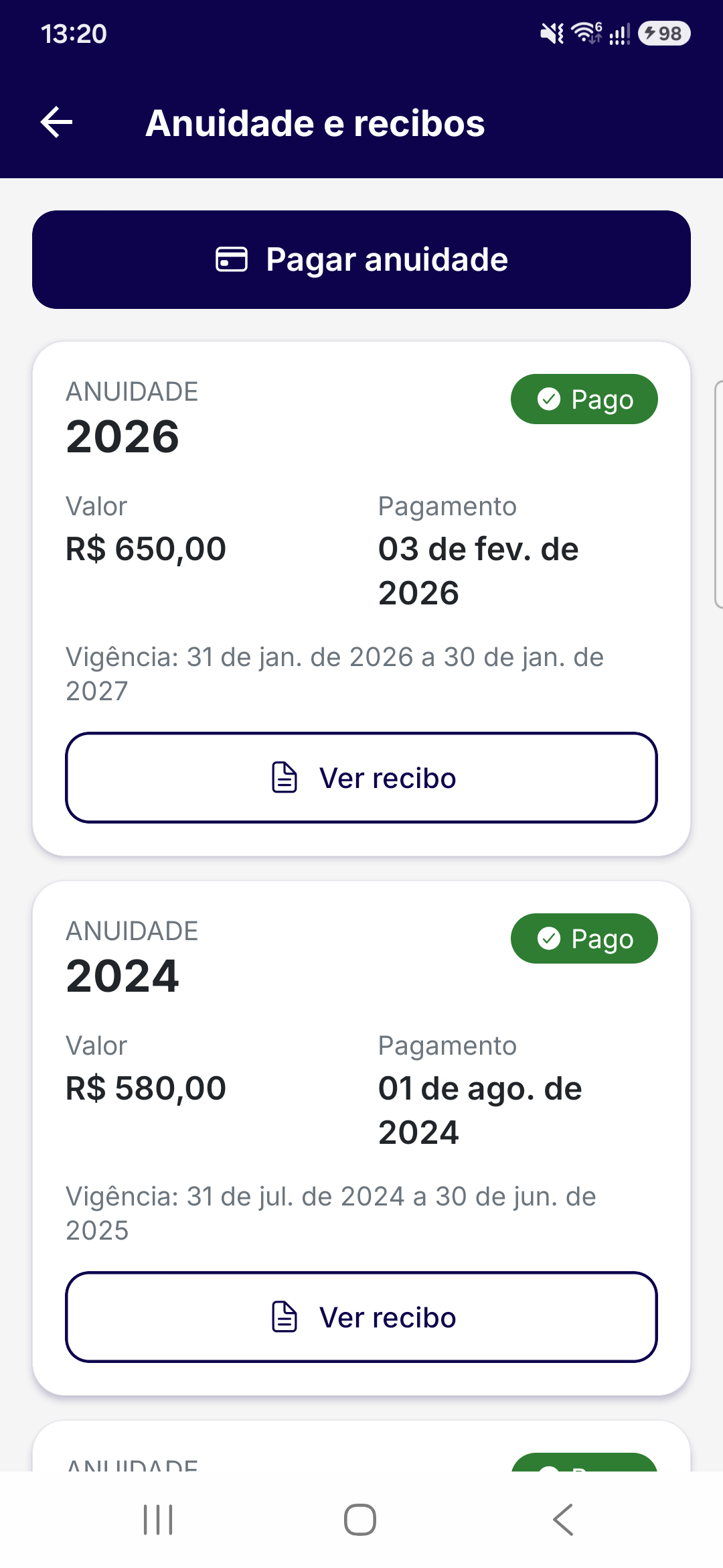 Anuidade e Recibos