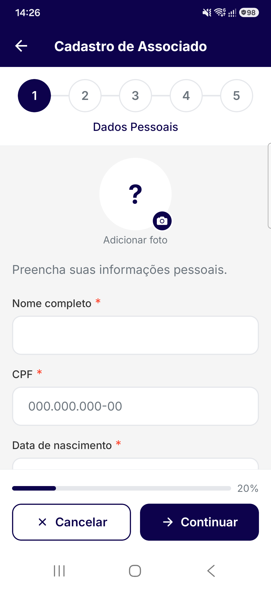 Cadastro de novo associado