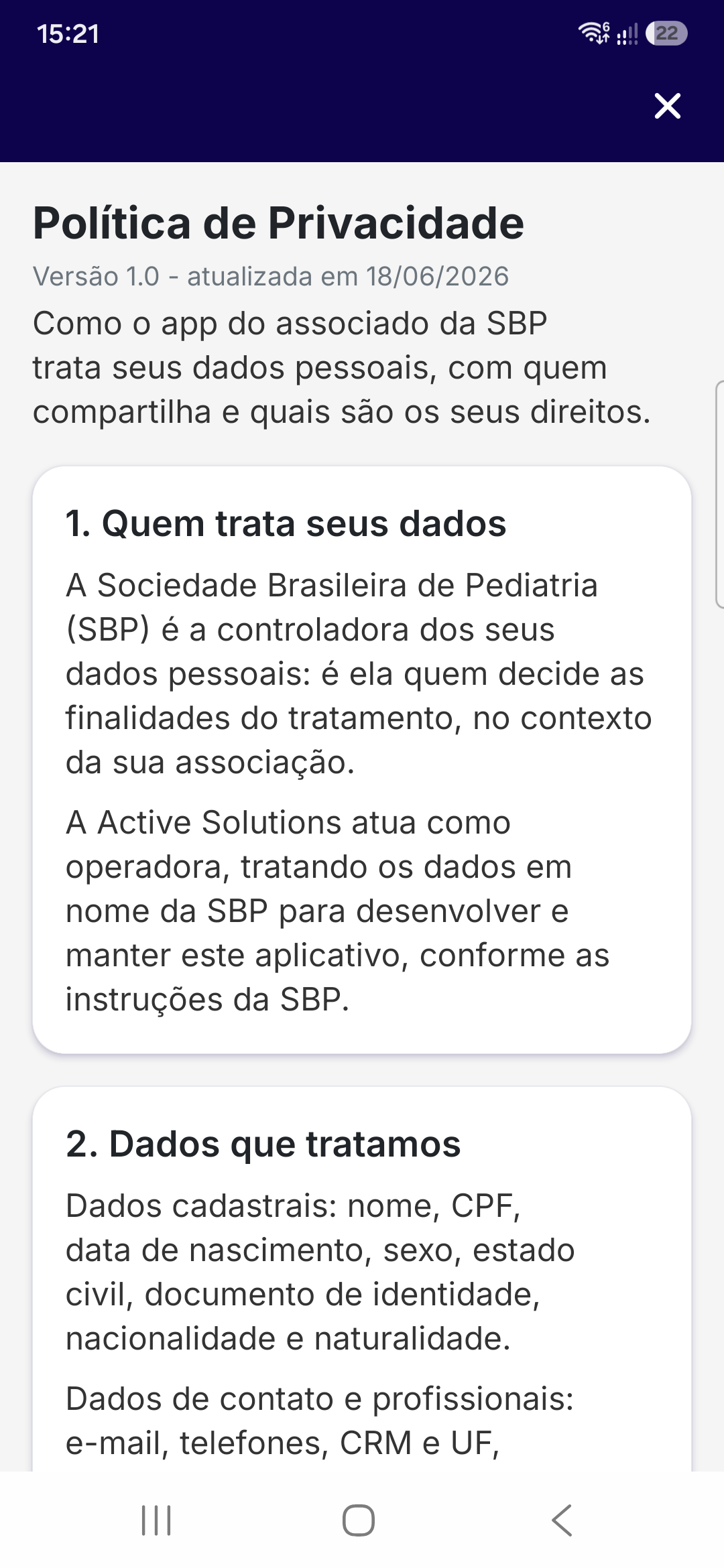 Política de Privacidade no app